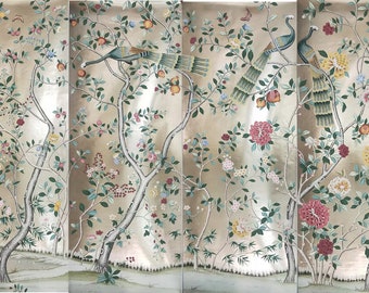 Hand-Painted Peacock Chinoiserie Wallpaper Panel on Champagne ML-18# (36" x 96")