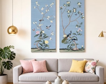 24"*53", A set of 2 panels Hand-Painted Silk Wallpaper, Slub silk Chinoiserie Wall Art, no frame