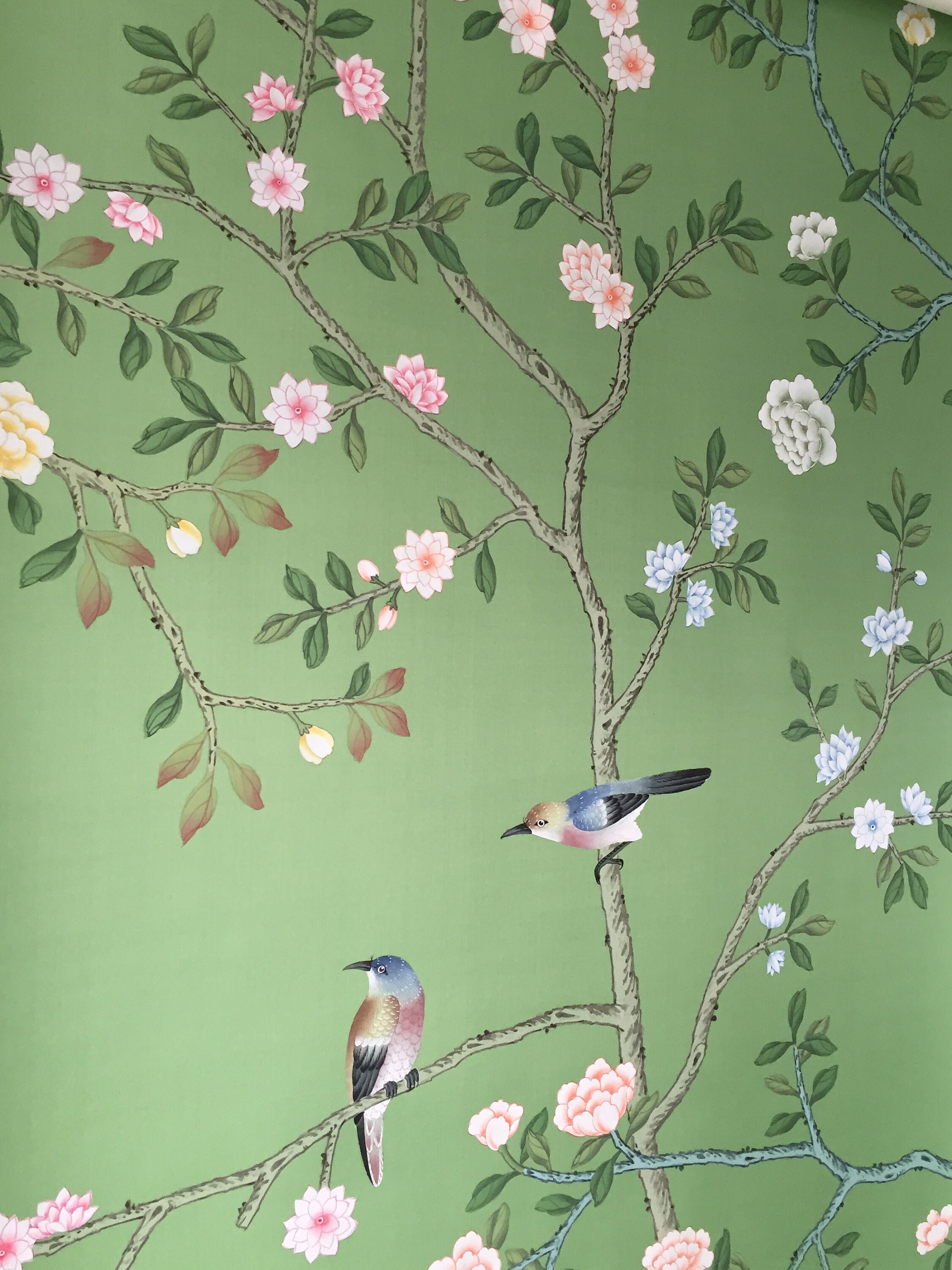 Handpainted Chinoiserie Wallpaper, Emerald Green Silk Wallpaper Etsy