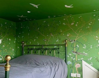 hand-painted chinoiserie wallpaper, Emerald green silk wallpaper