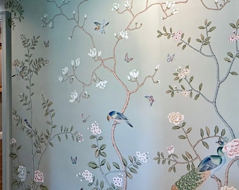 Papel pintado chinoiserie pintado a mano de 36" x 96".