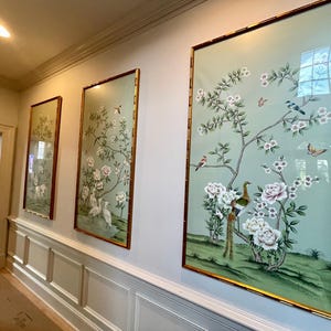 A set of 3 panels Aqua green wall artwork, Handmade chinoiserie wall artwork ( no frame) , list price for a set of 3 panels without frame