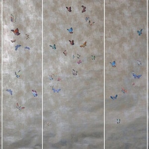 Butterflies Hand Painted on metallic wallpaper, handpainted chinoiserie wallpaper