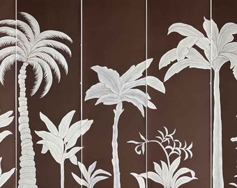 Papel pintado de seda pintado a mano con diseño de palmeras; disponible en tamaños y diseños personalizados.