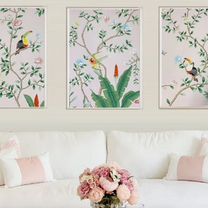 W28&quot; *H40&quot; ,A set of 3 panels  Pink chinoiserie artwork,  hand-painted Chinoiserie art work ( no frame)-shipping immediately