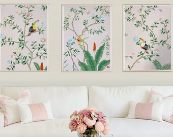 Hand-Painted Pink Chinoiserie Silk Wallpaper, Set of 3 Panels