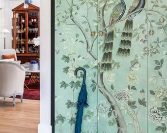Hand-Painted Peacock Chinoiserie Wallpaper Panel on Champagne (36" x 96")