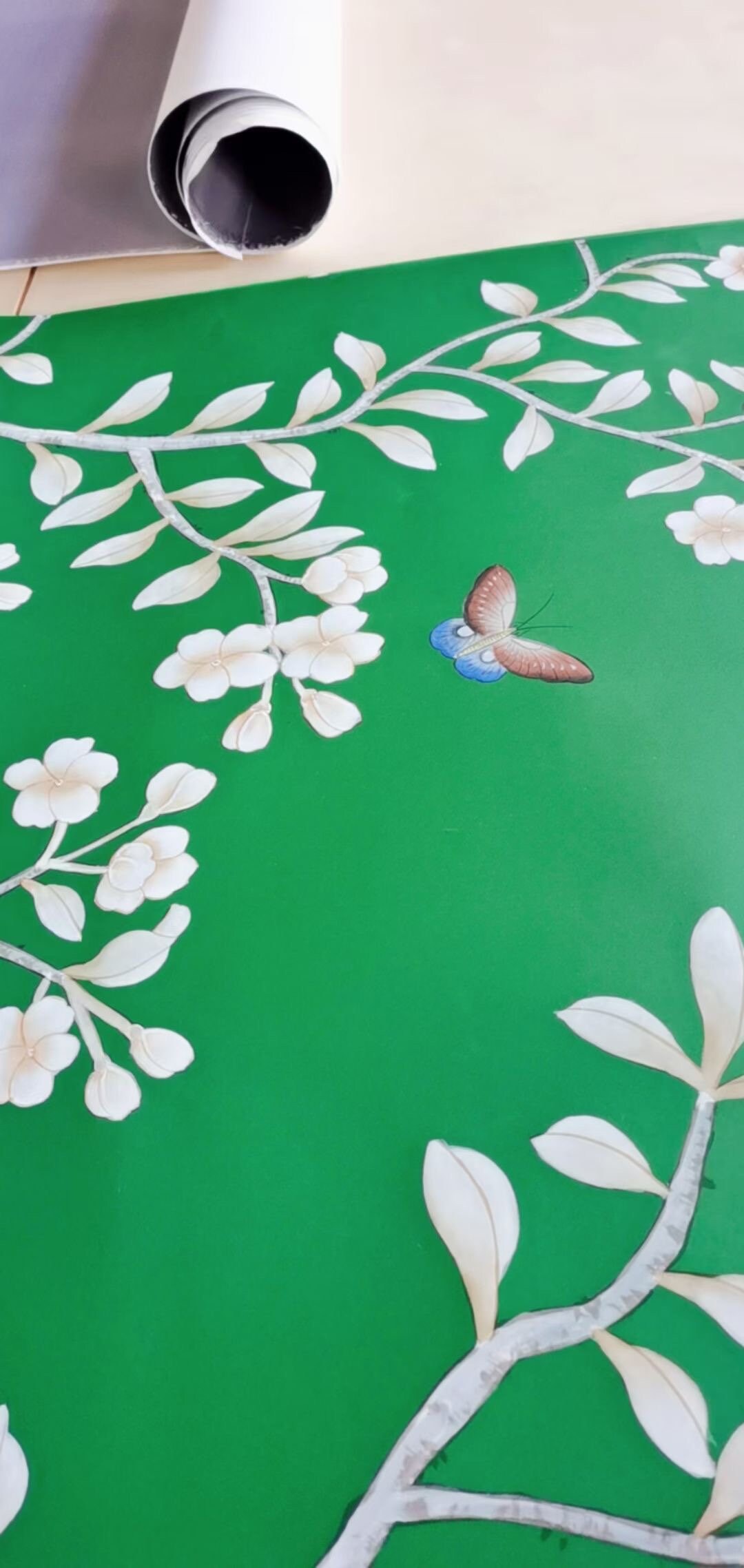 Handpainted Chinoiserie Wallpaper, Emerald Green Silk Wallpaper Etsy
