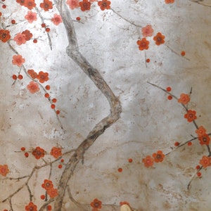 Plum Blossom Hand Painted Wallpapers on Gold Metallic Panel - custom design available