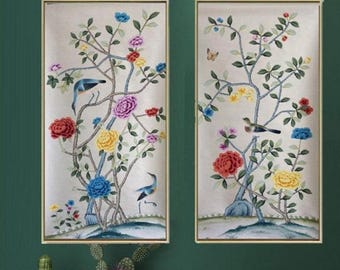 24"*48", Hand-painted Chinoiserie   wall artwork (no frame)  shipping immediately, customize hand-painted silk Wallpaper on white Silk