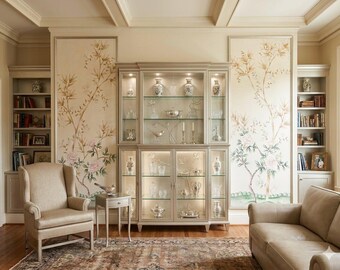 Ogród bambusowy malowany ręcznie w stylu chinoiserie, beżowo-biały/kość słoniowa, jedwab | Ściana z ptakami i piwoniami