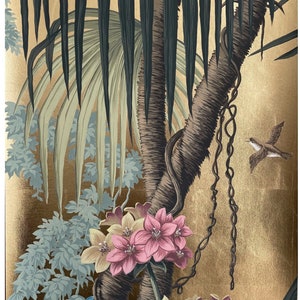 Eden, Panoramic wallpaper,  Hand Painted L&#39;EDEN Panoramic Murals on Gold Metallic ---Reserved order