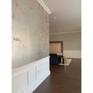 Plum Blossom Hand Painted Wallpaper on Silver Metallic Gilded Silk Panel - 5 Panels