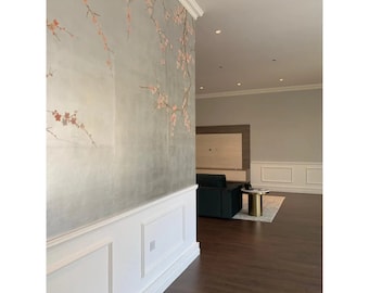 Plum Blossom Hand Painted Wallpaper on Silver Metallic Gilded Silk Panel - 5 Panels