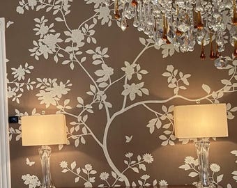 Papel pintado pintado a mano Grace - Chinoiserie Papel pintado pintado a mano - Color de patrón personalizado y material básico disponible