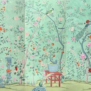 hand-painted  tea wallpaper -custom panel size and pattern available
