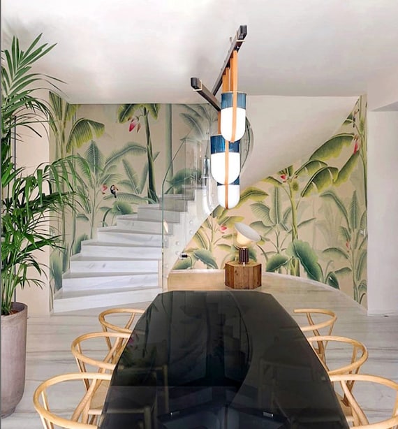 Rain forest, palm garden, Chinoiserie Hand-painted silk wallpaper