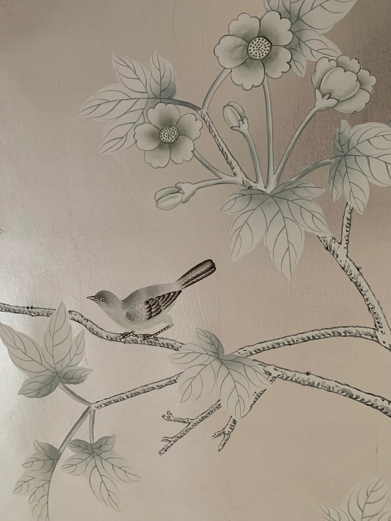 Handpainted Chinoiserie Wallpaper, Birds and Flowers on Silver Leaf - Etsy