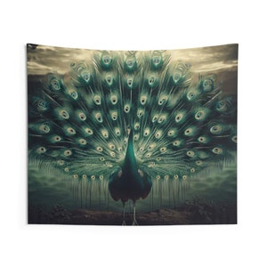 Peacock By Lake Indoor Wall Tapestries
