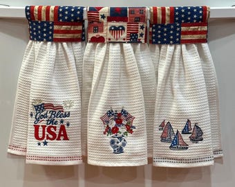 Patriotic Kitchen Towels | Fourth of July Decor | USA Embroidered Towels | Americana Farmhouse Kitchen | Red White Blue Gift