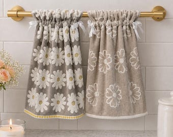 Daisy Hanging Hand Towel | Farmhouse Bathroom Decor | Decorative Kitchen Towel | Floral Hanging Towel | Housewarming Gift