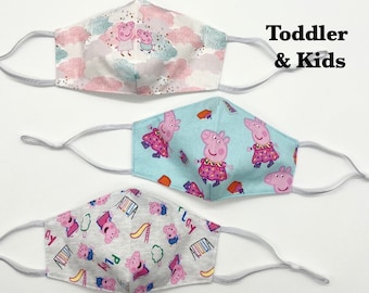 Peppa Pig Face Mask. Toddler & Kids.  3 LAYERS.  Filter Pocket.  Headstrap. Boys and Girls