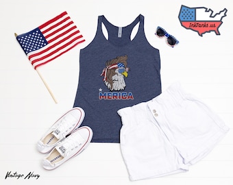 Merica Eagle damski podkoszulek Tri-Blend Racerback Tank 4th of July USA tank Top z amerykańską flagą. Patriotyczna odzież, Merica, USA Clothing