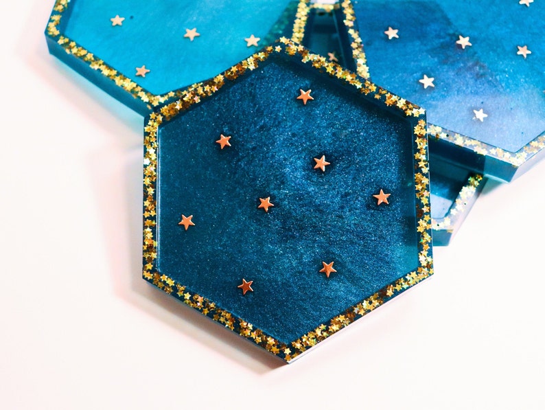 Individual or Set Gold Starry Night Resin Coasters