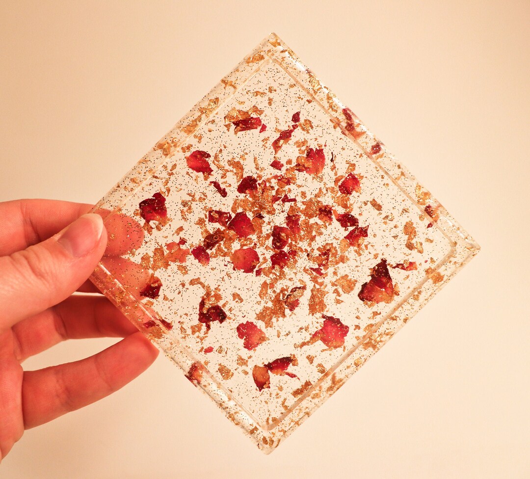 Resin Coasters Gold Leaf and Rose Petal individual or Set Etsy