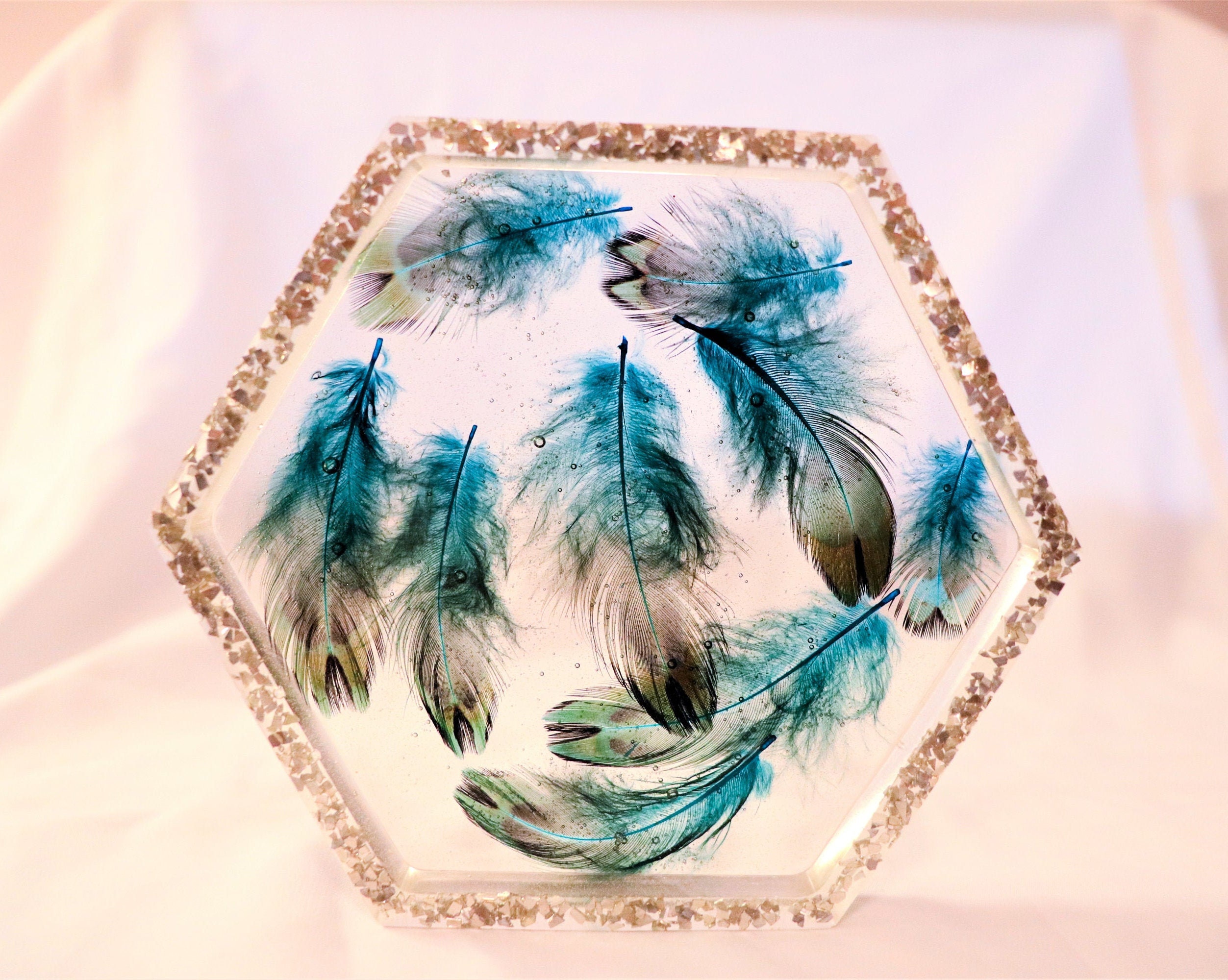 Resin Coasters Peacock Feather & Silver Glitter individual Etsy
