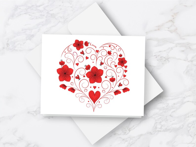 Red Heart Note Card Red and Black Floral Heart Anniversary Notecards, Romantic Heart and ...