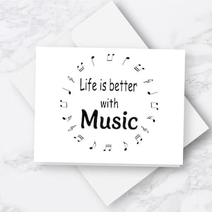 Music themed note cards and white envelopes, Life is better with Music, Music note greeting card for teacher, Stationary set, Blank inside