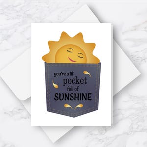 Smiling sun note card with white envelope, all occasion card, blank inside, Pocket full of Sunshine, Single card or set of 6