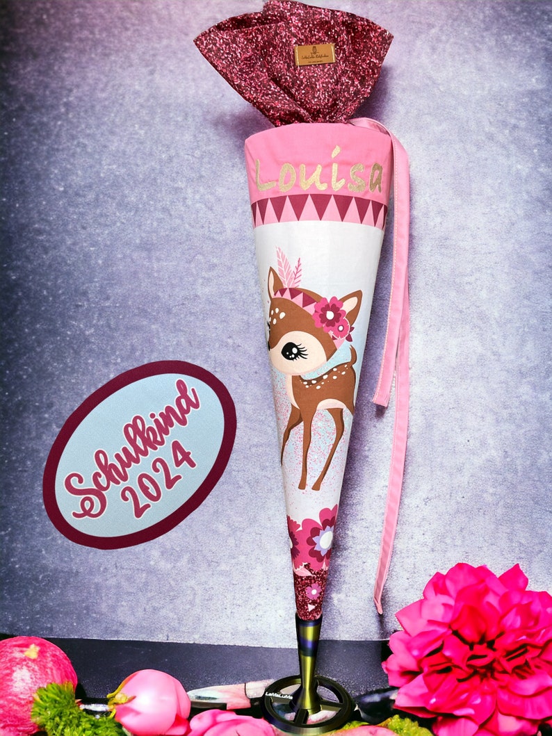 Schultüte Rehkitz / Zuckertüte personalisiert / Bambi Schulkind 2024 / Stofftüte mit Name/ mit passendem Kissen/ Beckmann Forest Deer Bild 4