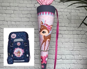 Schultüte Rehkitz / Zuckertüte personalisiert / Bambi Schulkind 2024 / Stofftüte mit Name/ mit passendem Kissen/ Beckmann Forest Deer