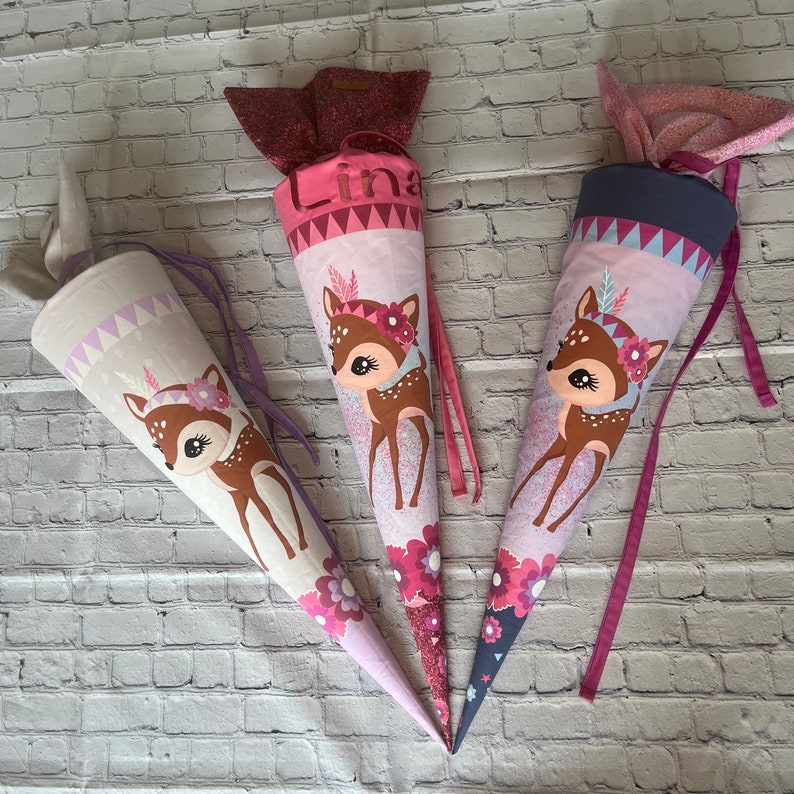 Schultüte Rehkitz / Zuckertüte personalisiert / Bambi Schulkind 2024 / Stofftüte mit Name/ mit passendem Kissen/ Beckmann Forest Deer Bild 7