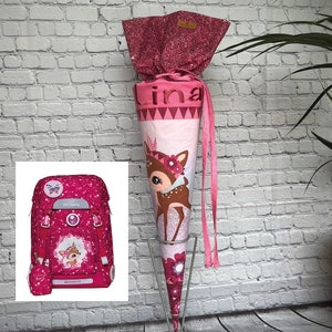 Schultüte Rehkitz / Zuckertüte personalisiert / Bambi Schulkind 2024 / Stofftüte mit Name/ mit passendem Kissen/ Beckmann Forest Deer Bild 1