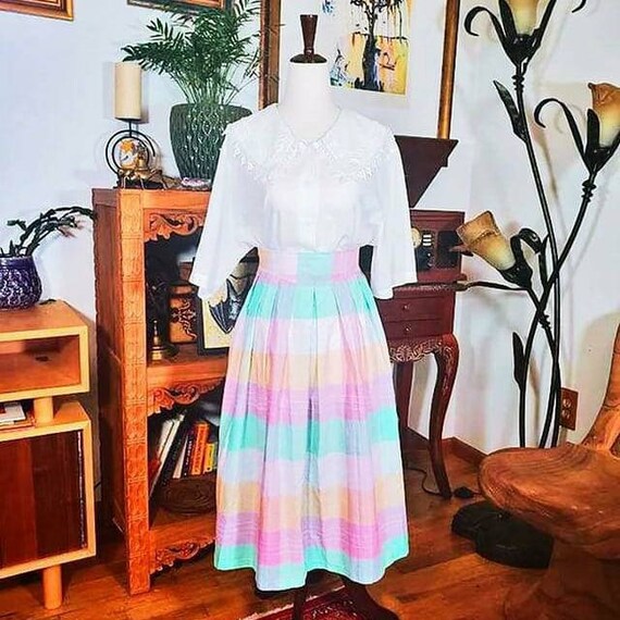 Vintage 80s Pastel Plaid Midi Skirt