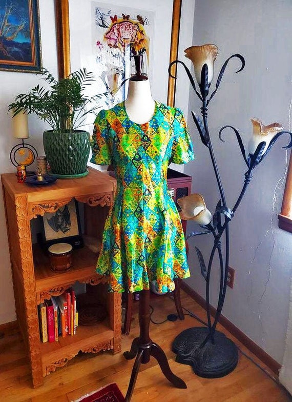Vintage 60s Green Psychedelic Mini Dress