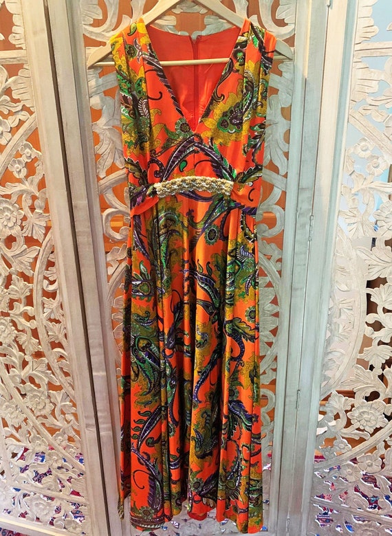 70's Orange Paisley Maxi Dress