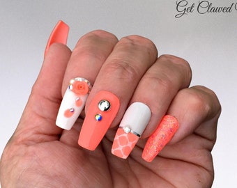 3D Flower Press On Nails: Peach Glitter Bling, Reusable False Nails