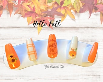 Hand Painted Fall Press On Nails: Pumpkin Sunflower Autumn Design