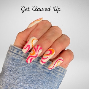 Swirly Neon Nails, Geometric Line Nails, 80s Nails, Summer Neon Nails, Beach nails, Reusable Press on Nails