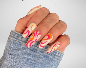 Swirly Neon Reusable Press On Nails: 80s Geometric Line Design