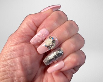 Pink Chrome Press On Nails: 3D Flower, Bling Crystal, Reusable, Handmade