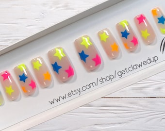 Neon Star Press On Nails: Multi Color Square Nails
