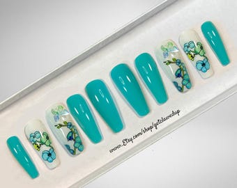 3D Butterfly Press On Nails: Fantasy Blue Green Flower Nails