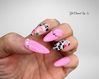 Handmade Leopard & Pink Flower Press On Nails: Reusable Animal Print