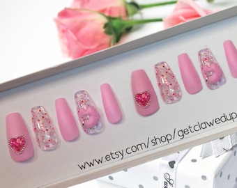 3D Heart Press On Nails: Pink Valentine's Day Reusable Nails