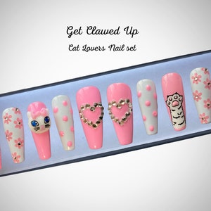 Press on Nails, Reusable Nails, 3d cat nails, Cat lover nails, Pink Nails, Bling Nails